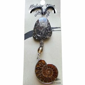 Medicine Stone Jewelry Ammonite Fossil Double Pendant Necklace Smoky Quartz